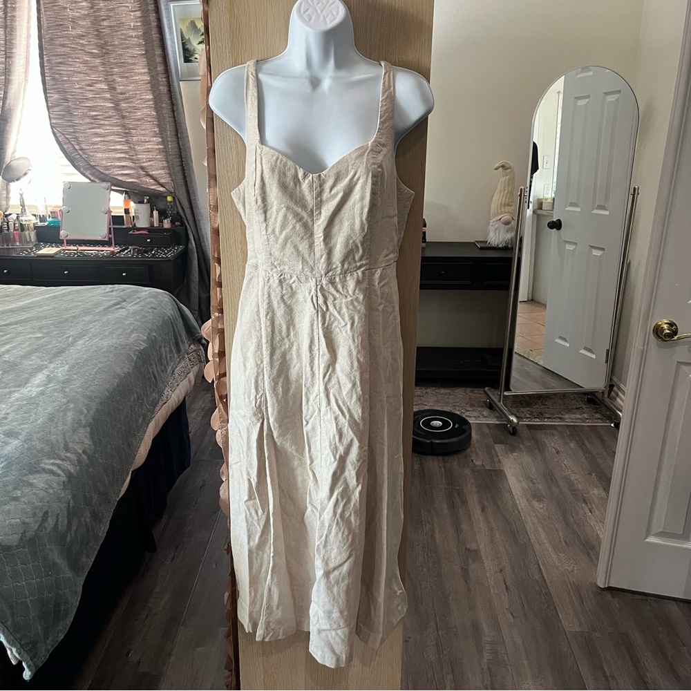 Old Navy Womens Linen Blend Smocked Back Midi Dress Beige Oatmeal Size L